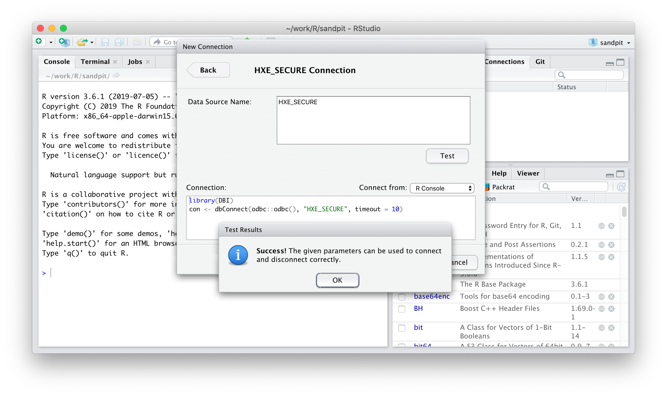 RStudio DB connection test dialog showing a succesful test.