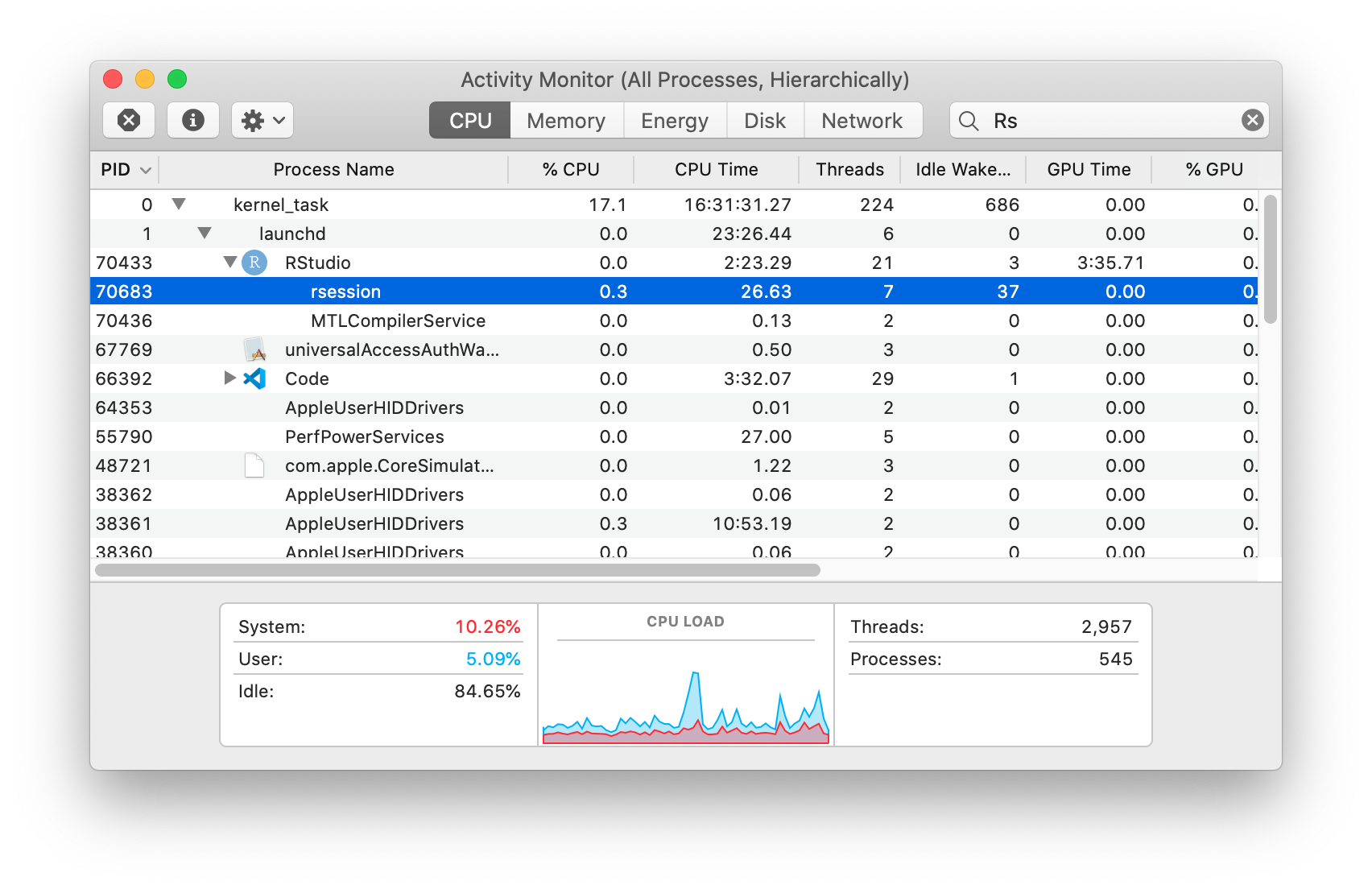 macOS activity monitor showing currently running processes in a hierarchy. The rsession process is highlighted.