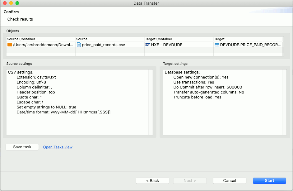 DBeaver data transfer summary window
