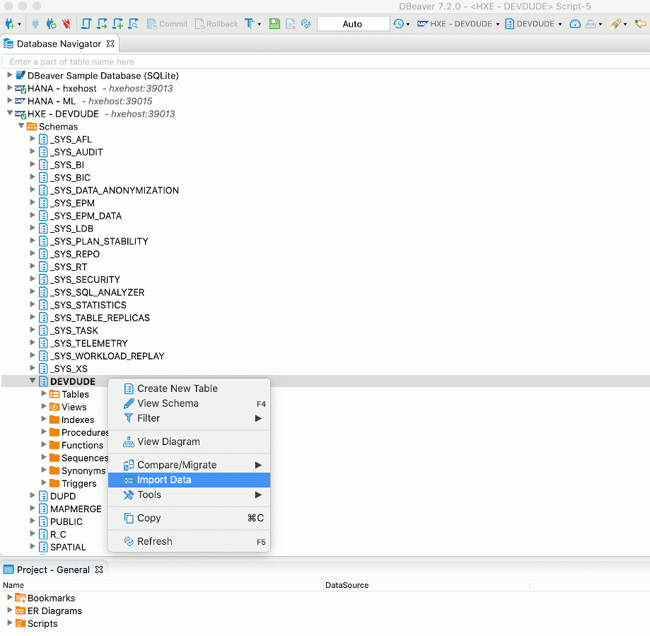 DBeaver Import Data menu