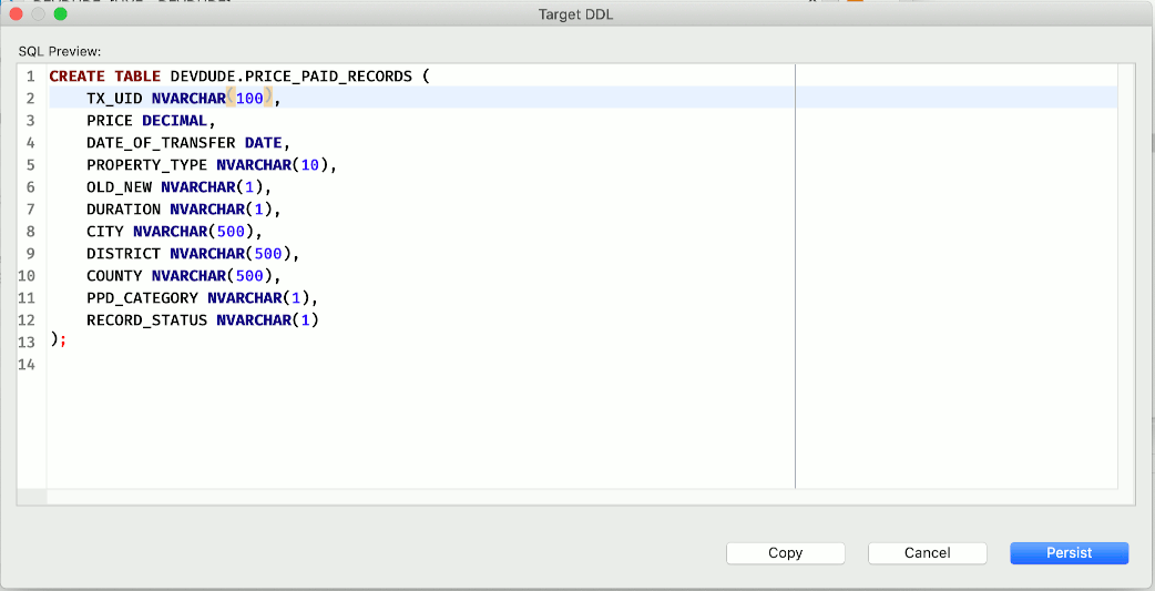 DBeaver target DDL dialogue