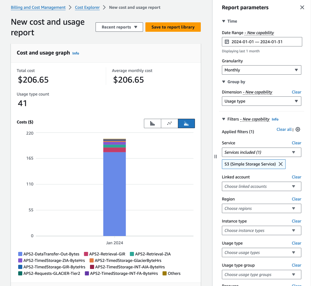 AWS costexplorer showing details of S3 service usage costs.